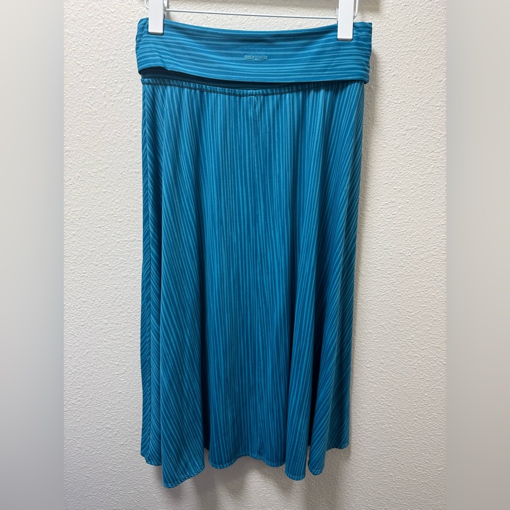Patagonia Striped Midi Skirt Fold Over Waist Stretchy A-Line Turquoise Medium - Picture 2 of 8